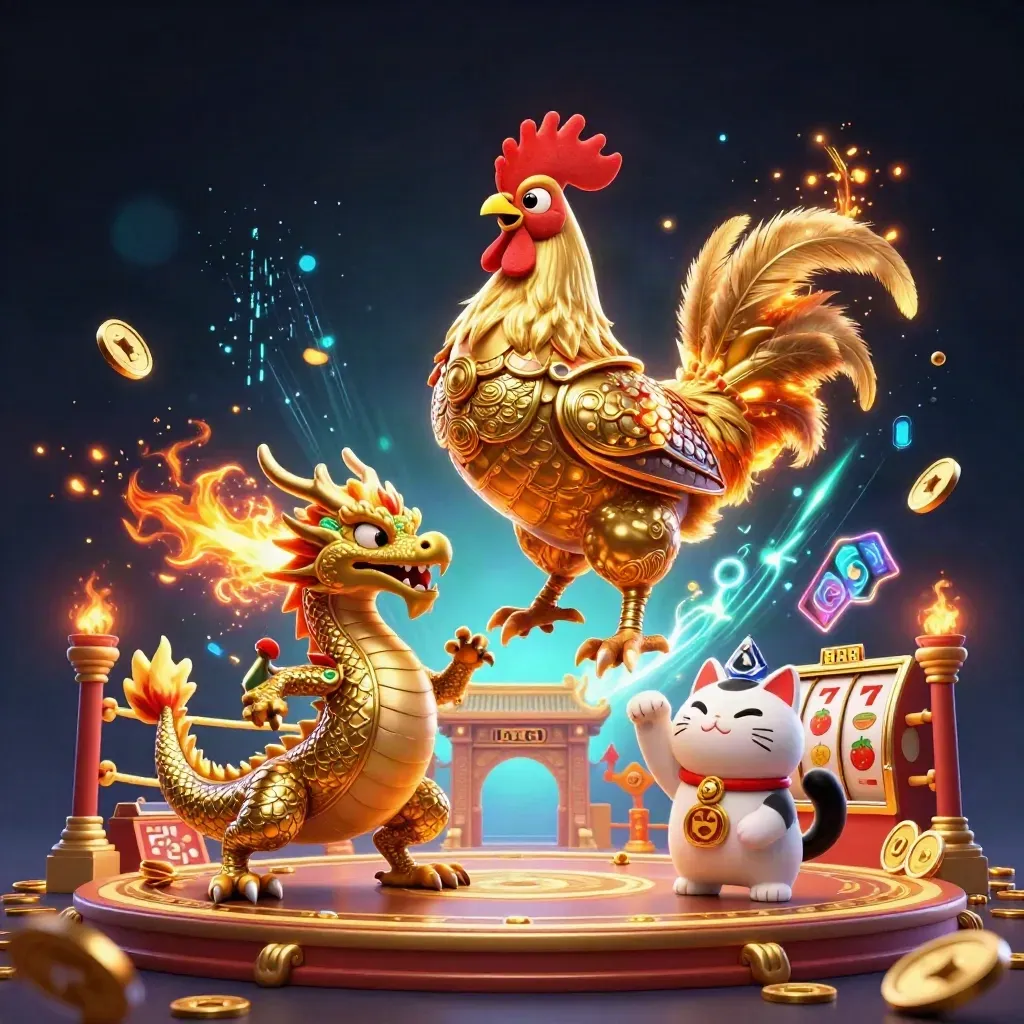Rooster warrior, dragon hatchling, and fortune-cat amid gold, sparks, and neon casino energy.