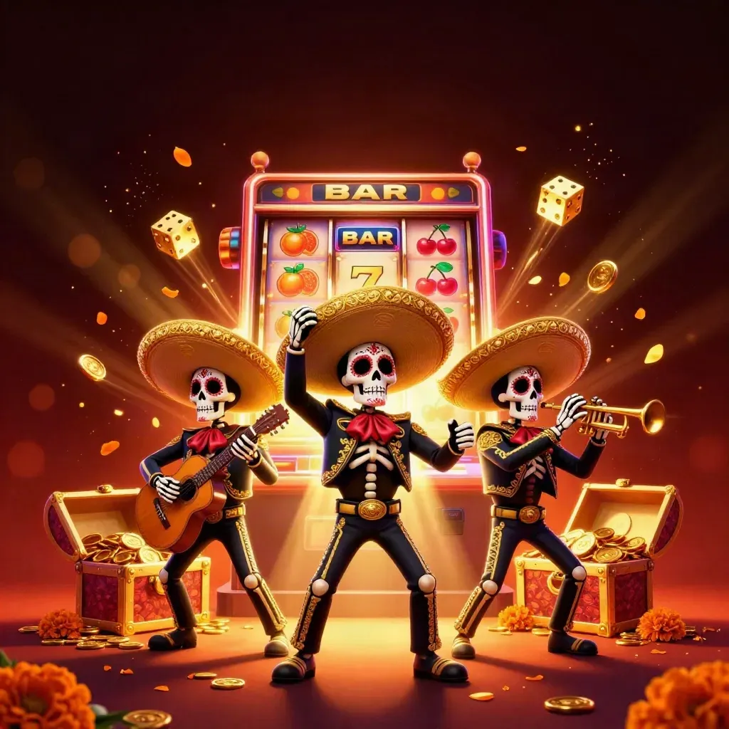 Three mariachi skeletons amid exploding slot reels, gold, dice, and jackpot light
