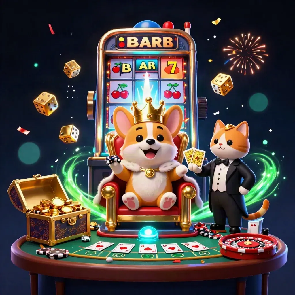 Royal corgi and cat butler in a luxe casino splash scene with slot burst and gold effects.