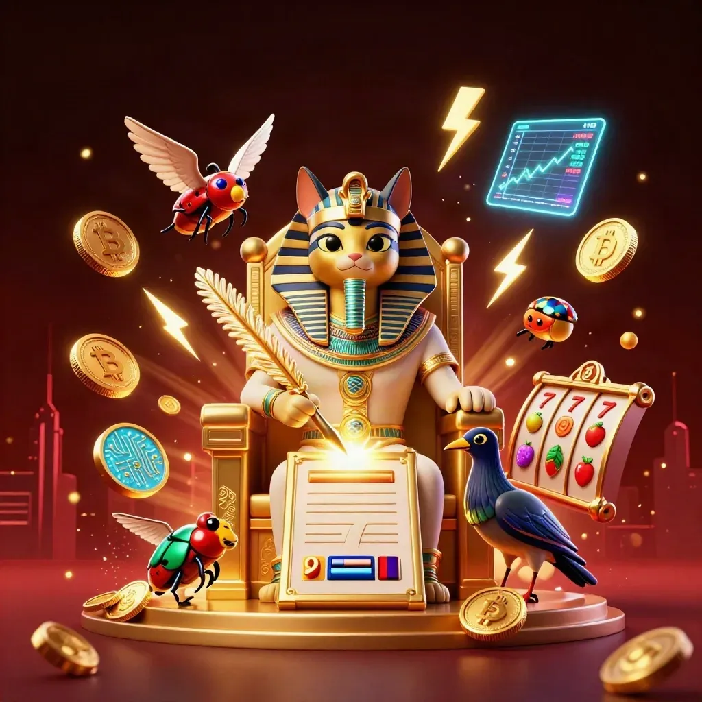Pharaoh cat on a throne with an ibis scribe, scarab wings, and jackpot coins bursting around