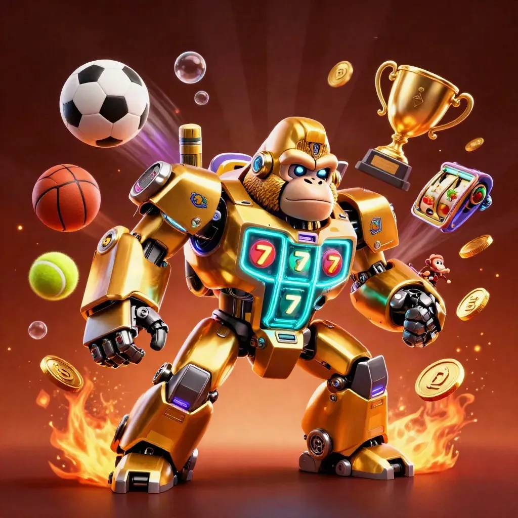 Golden gorilla mech with monkey pilot blasts casino symbols amid sports balls and neon jackpot glow