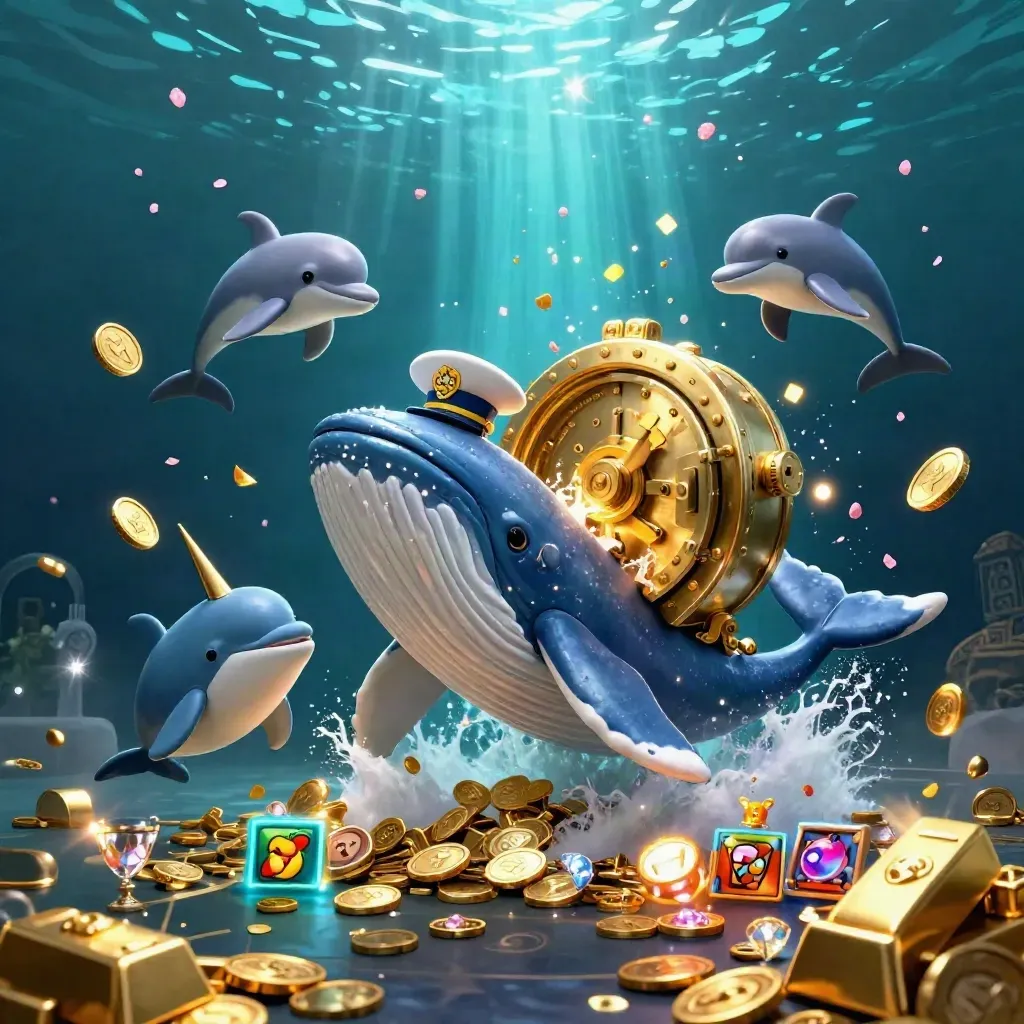 Whale captain, narwhal, and dolphins burst through coins beside a glowing treasure vault.