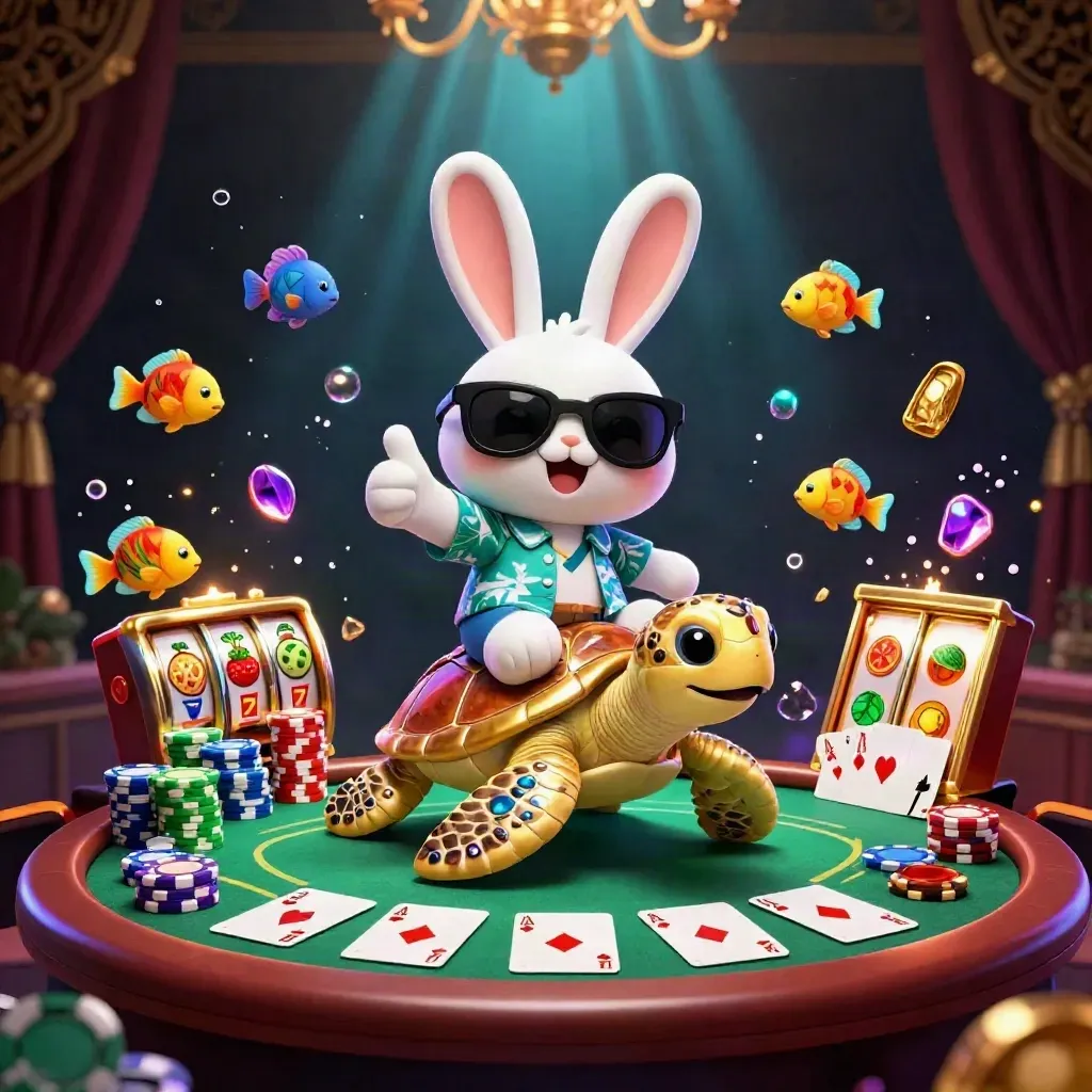 Lucky rabbit on golden sea turtle amid poker chips, aces, bubbles and neon casino treasure