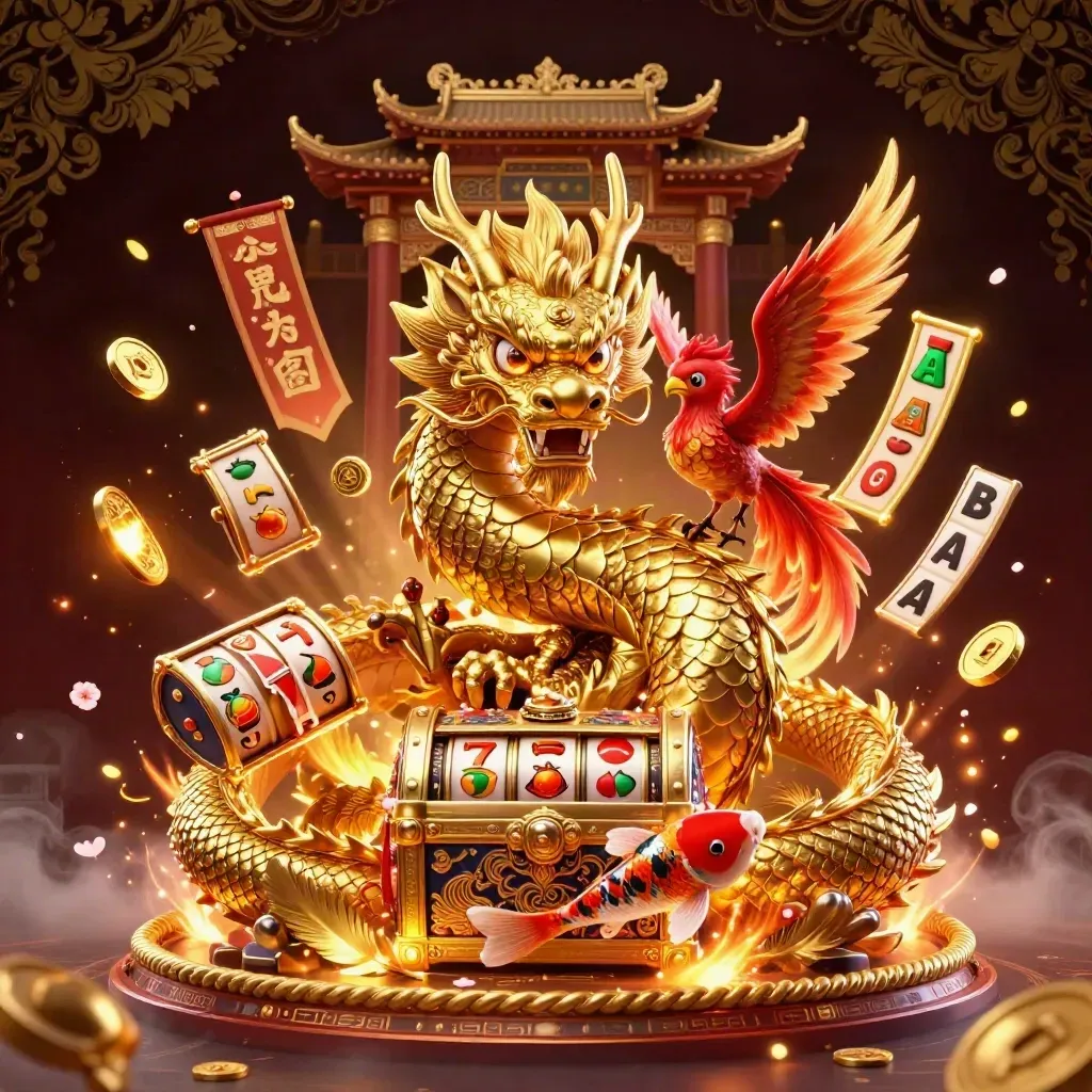 Golden dragon, phoenix, koi, and treasure chest in luxe casino fantasy art.