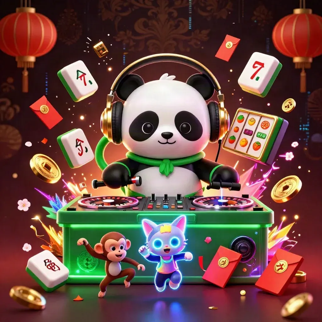 DJ panda, monkey, and glow-stick kitten blasting casino effects in a luxe neon burst.