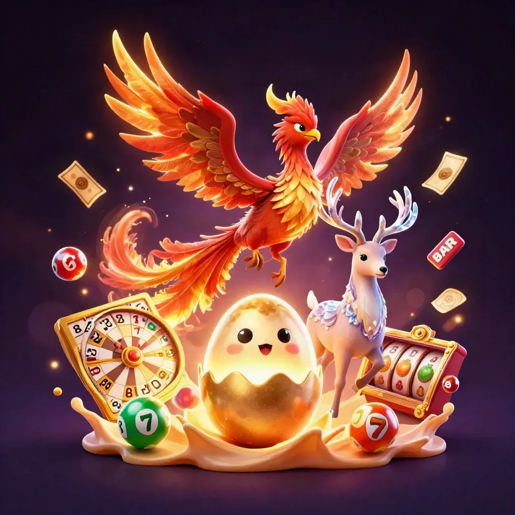 Phoenix, hatchling, and crystal stag amid casino tokens on a glowing dark purple background.